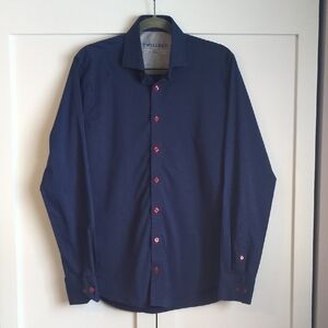 Twillory Men's Navy Blue Performance Fabric Shirt with Red Buttons